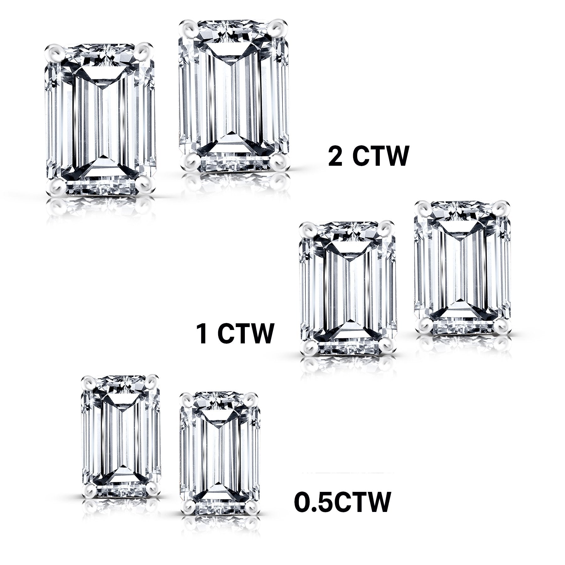 JeenMata Minimalist 2 Carat Emerald Cut Moissanite Solitaire Stud Earrings In 18K White Gold Plating Over Silver
