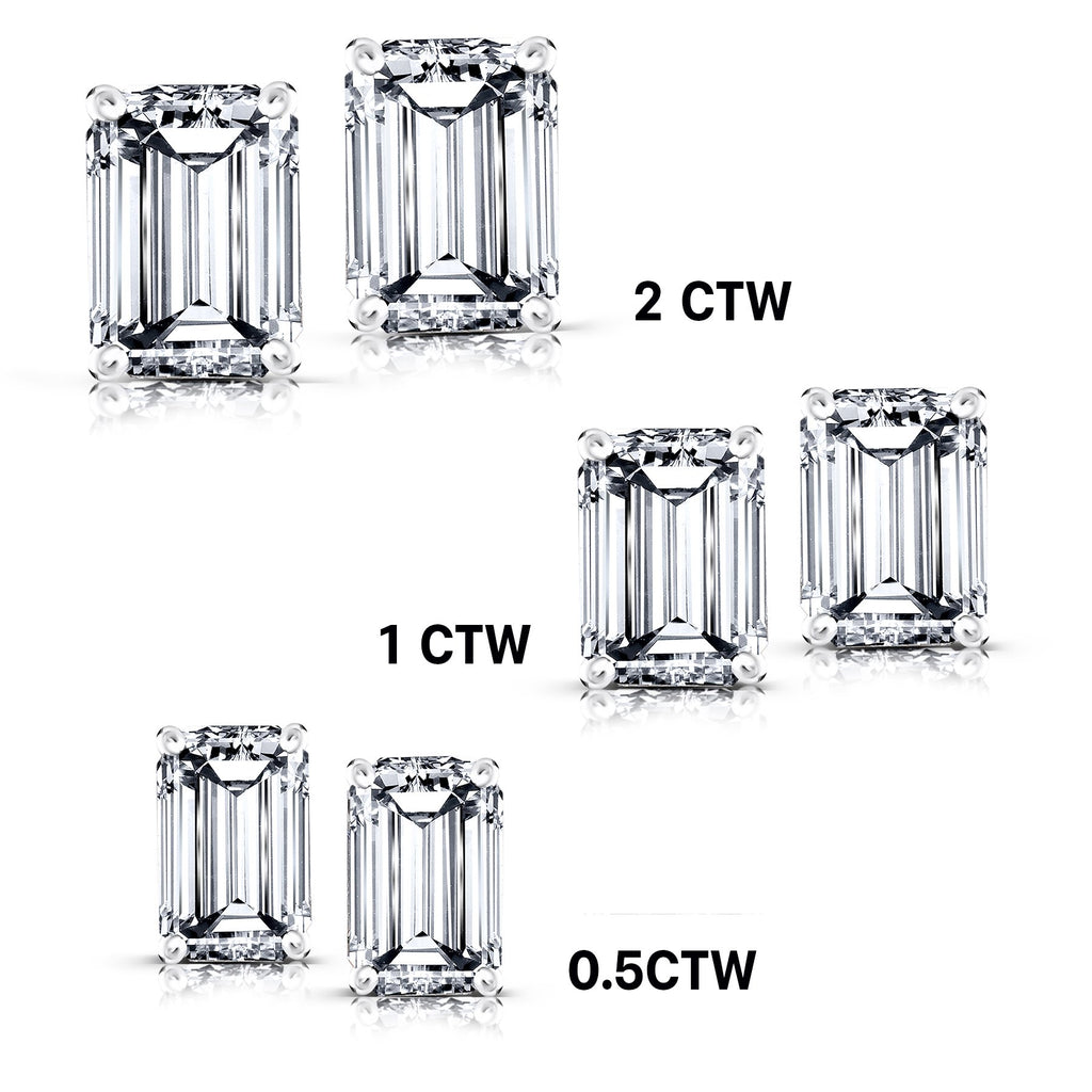 JeenMata Minimalist 1 Carat Emerald Cut Moissanite Solitaire Stud Earrings In 18K White Gold Plating Over Silver