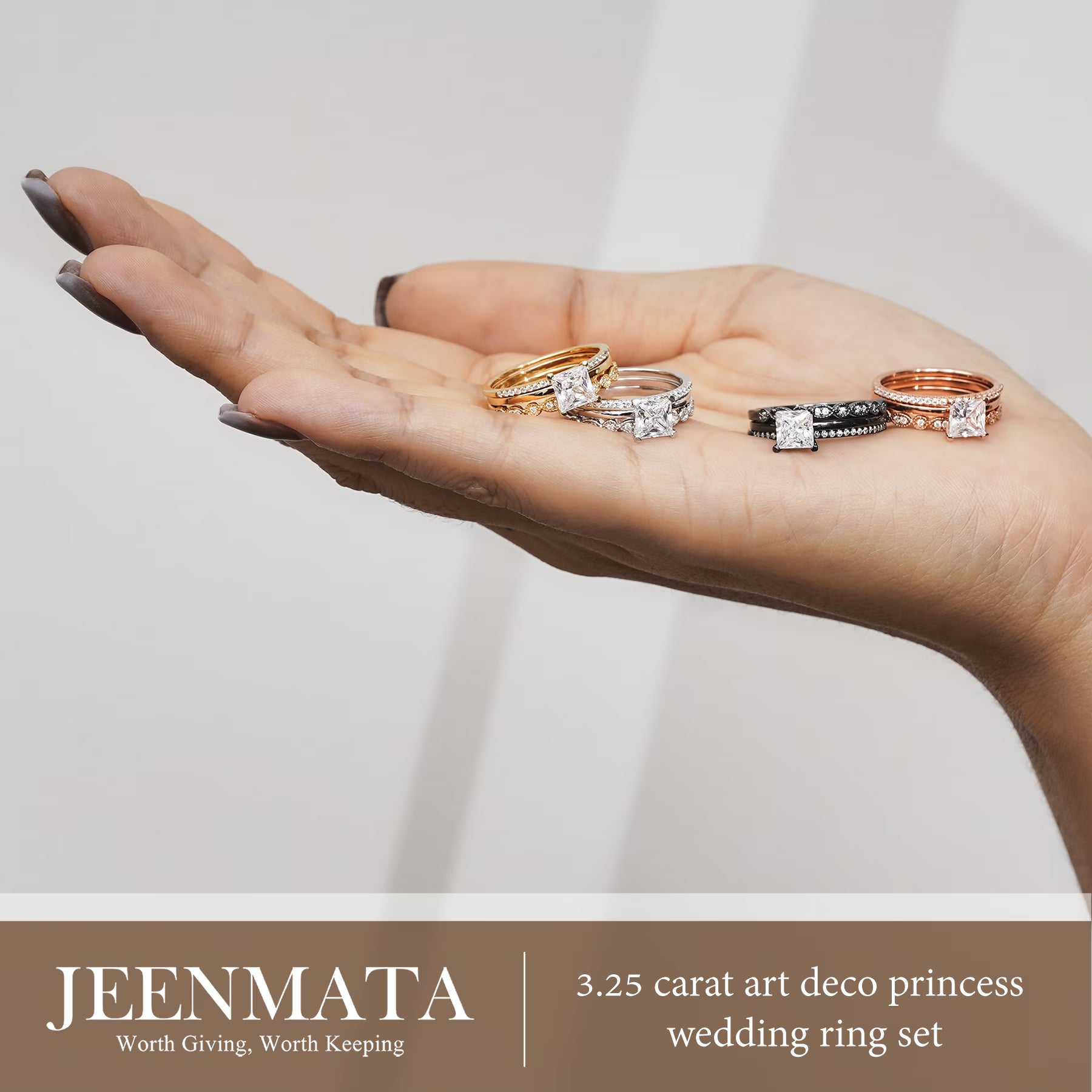 JeenMata 3.25 Carat Princess Wedding Ring Set - Bridal Set - Wedding Trio Set - Engagement Ring - Art Deco Ring - Promise Ring - Sterling Silver