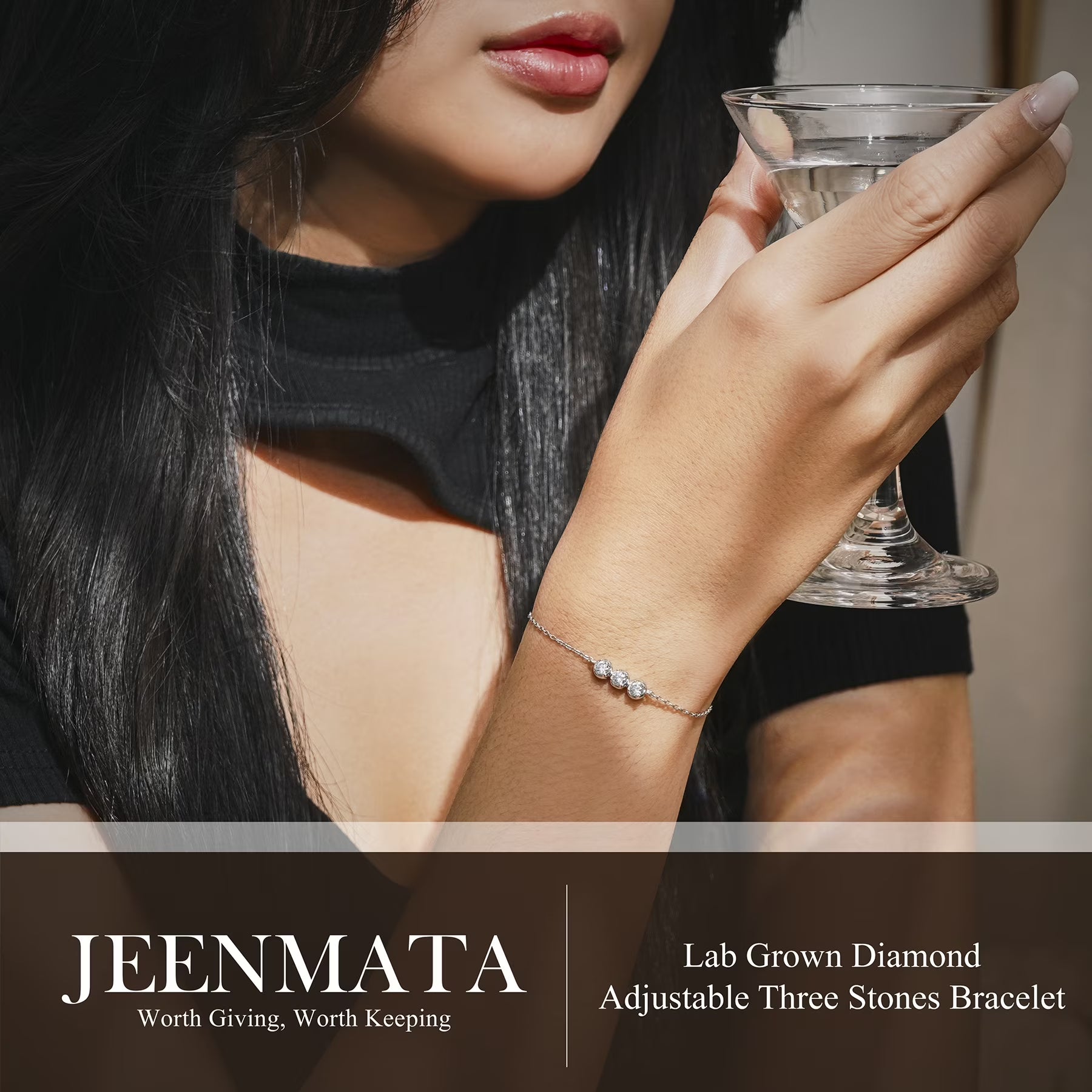 JeenMata Lab Grown Diamond Three Stones Bracelet - Adjustable Slider White Gold Plating Bracelet for Women