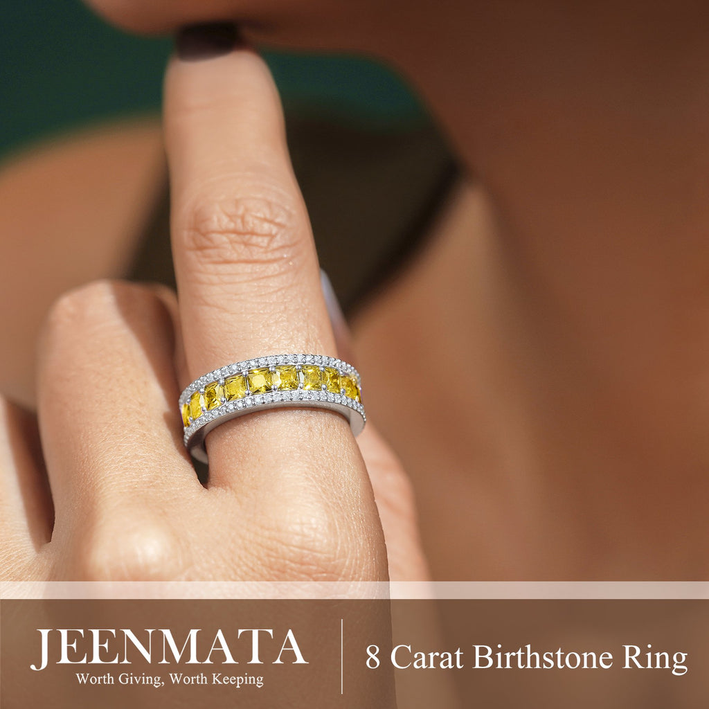 JeenMata 8 Carat Princess Cut - November Birthstone Eternity Ring in 18K White Gold Plating for Women - Stackable Wedding Anniversary Promise Band with Citrine Cubic Zirconia