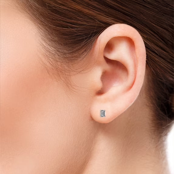 JeenMata Minimalist 1 Carat Emerald Cut Moissanite Solitaire Stud Earrings In 18K Rose Gold Plating Over Silver