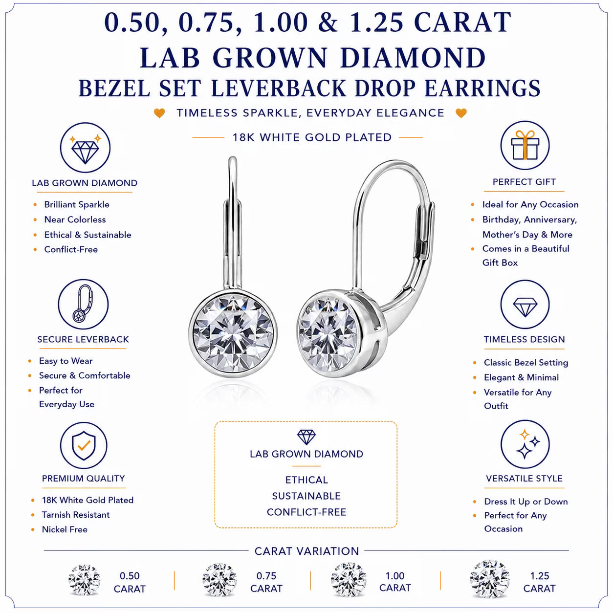 JeenMaJeenMata 0.75 Carat Lab Grown Diamond Bezel Set Leverback Drop Earring - in 18K White Gold Plating Earrings for Women, Gift for Girlfriend, Mother, Herta 0.75 Carat Lab Grown Diamond Bezel Set Leverback Drop Earrings 18K White Gold Plating for Women