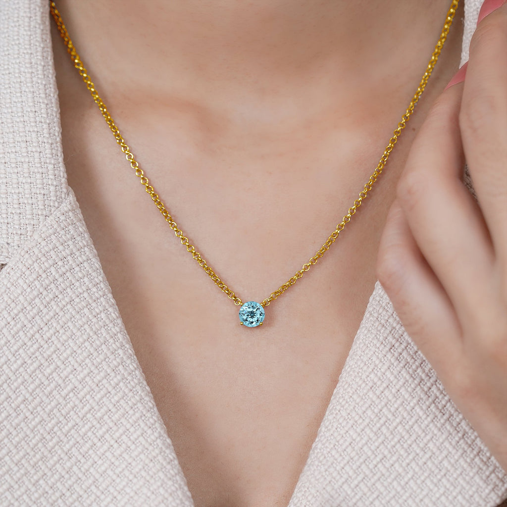 JeenMata 1.75 Carat Blue Topaz - December Birthstone Solitaire Pendant Necklace in 18K Yellow Gold Plated, Female, Adult