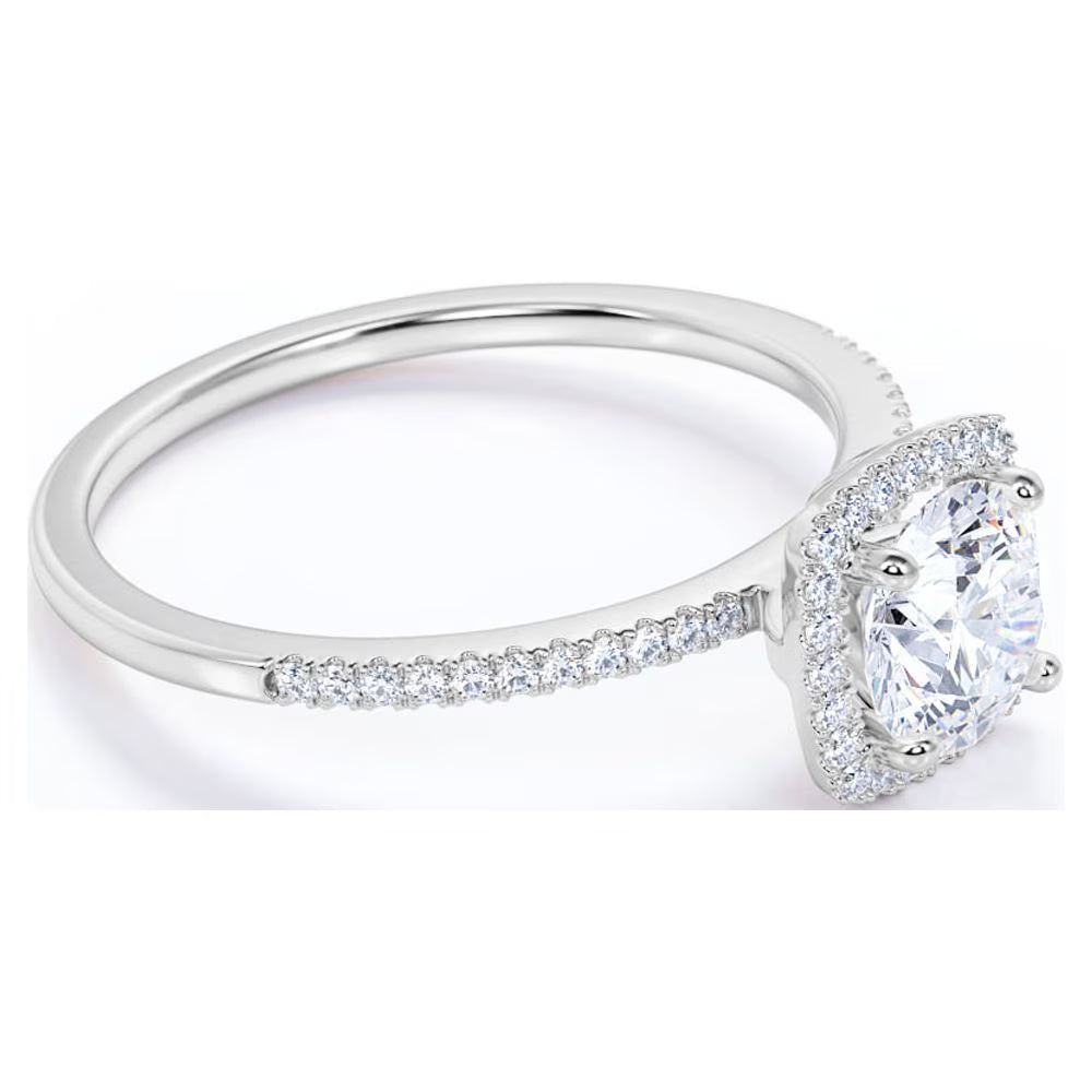 JeenMata Cushion Halo Design 1 Carat Round Cut Moissanite Pave Prong Set Engagement Ring In 18K White Gold Plating for Women