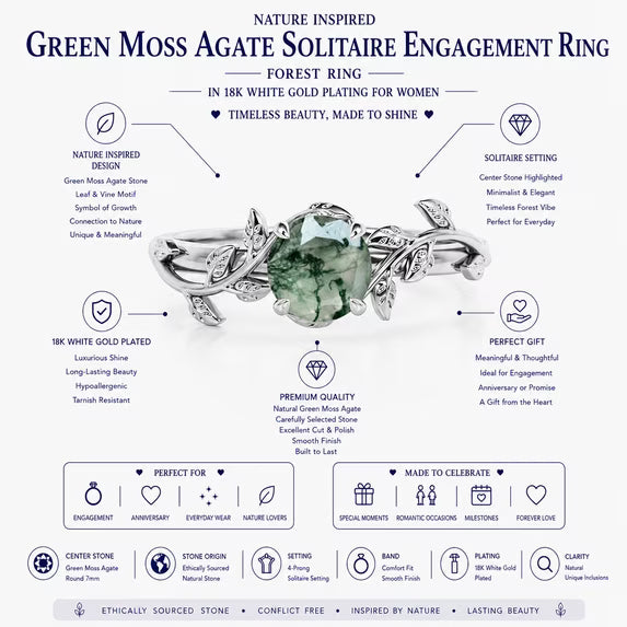 JeenMata Nature Inspired 0.50 Carat Natural Green Moss Agate Solitaire Engagement Ring - Forest Ring - 18K Rose Gold Plating for Women