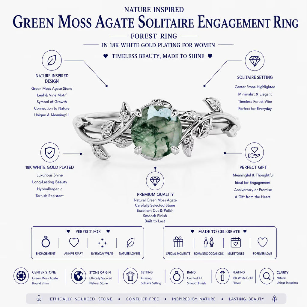 JeenMata Nature Inspired 0.50 Carat Natural Green Moss Agate Solitaire Engagement Ring - Forest Ring - 18K White Gold Plating for Women
