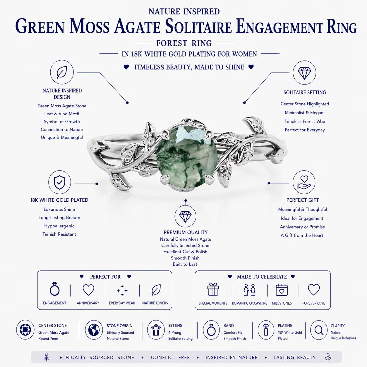 JeenMata Nature Inspired 0.50 Carat Natural Green Moss Agate Solitaire Engagement Ring - Forest Ring - 18K White Gold Plating for Women