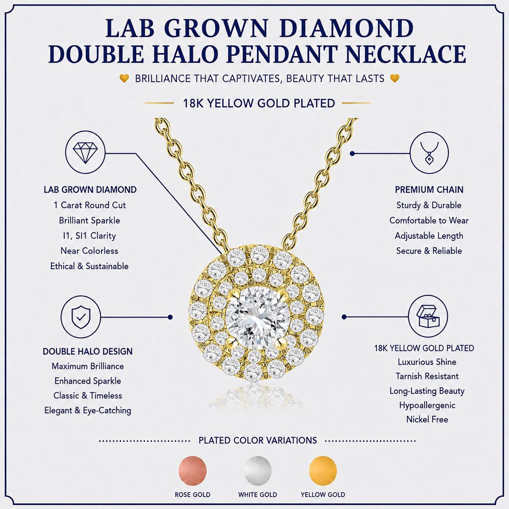 JeenMata Lab Grown Diamond 1 Carat Round Cut Double Halo Pendant Necklace in 18K Yellow Gold Plating for Women