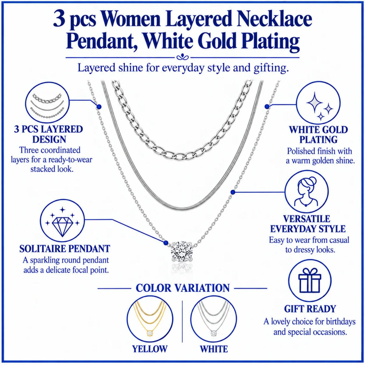 JeenMata Multipack 3 pc Women Layered Necklace Pendant, White Gold Plating, Gold Chain, Choker Necklace, Herringbone Layered Necklace Jewelry Gift