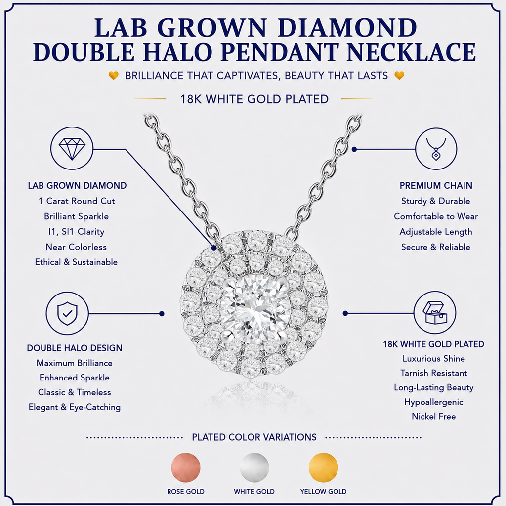 JeenMata Lab Grown Diamond 1 Carat Round Cut Double Halo Pendant Necklace in 18K White Gold Plating for Women