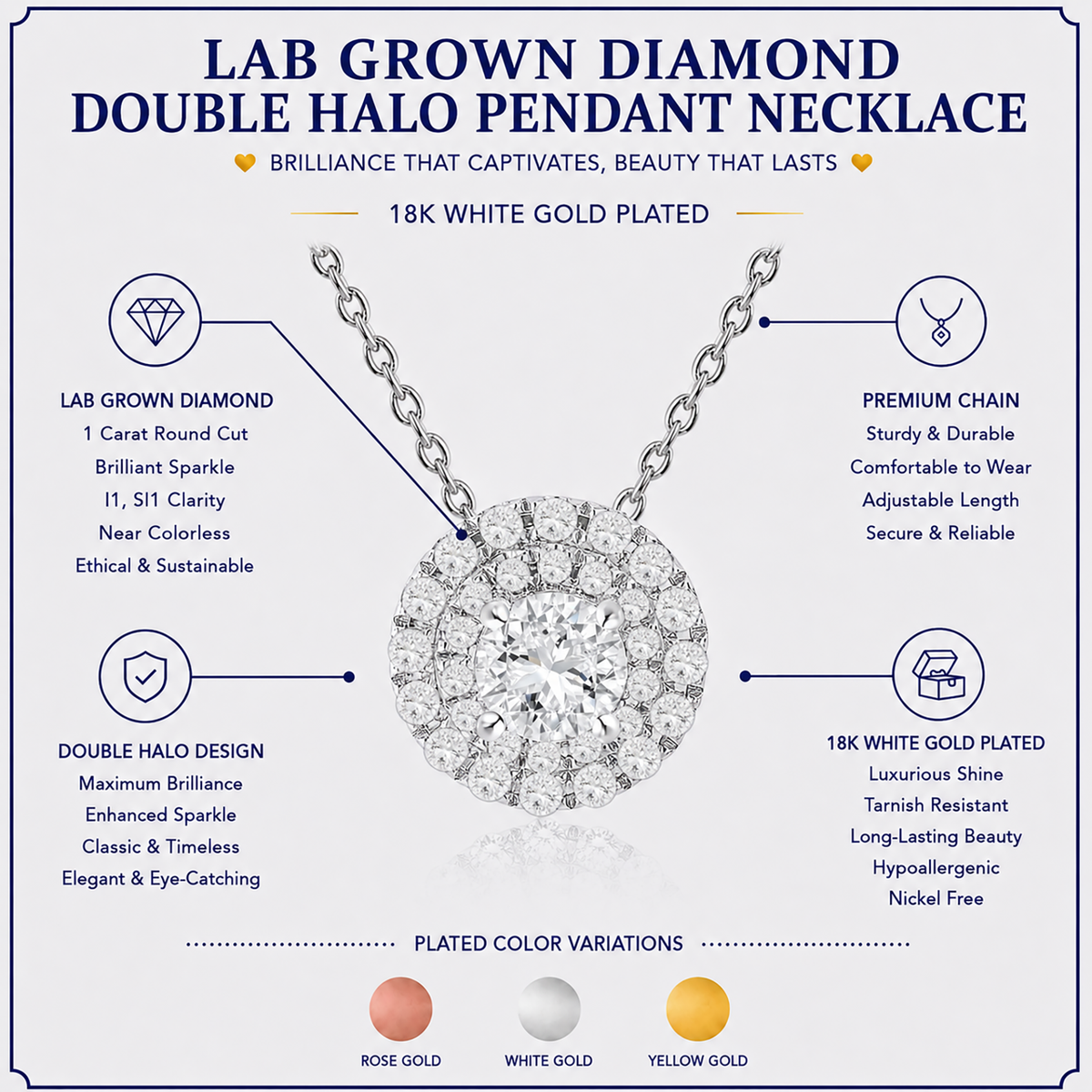 JeenMata Lab Grown Diamond 1 Carat Round Cut Double Halo Pendant Necklace in 18K White Gold Plating for Women