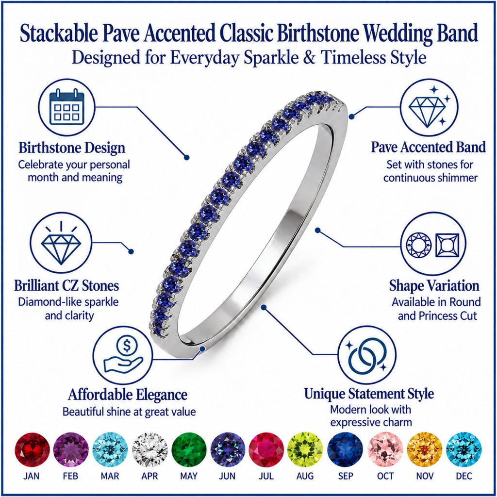 JeenMata Pave Accented - 0.25 Carat Round Cut -June Birthstone- Classic Wedding Band - 18K White Gold Plating for Women