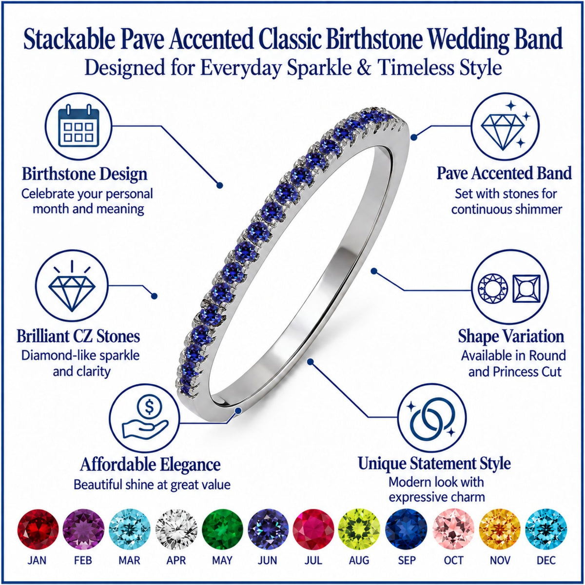 JeenMata Pave Accented - 0.25 Carat Round Cut -June Birthstone- Classic Wedding Band - 18K White Gold Plating for Women