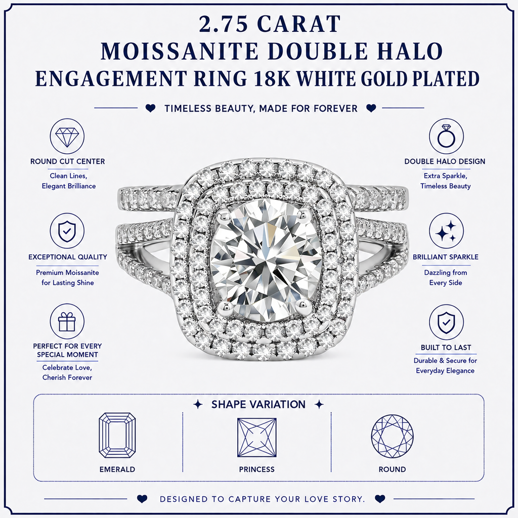 JeenMata 2.75 Carat Round Brilliant Cut Moissanite Double Halo Split Shank Engagement Ring Set in 18K White Gold Plated for Women