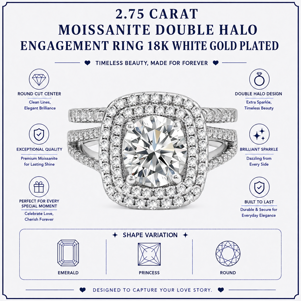 JeenMata 2.75 Carat Round Brilliant Cut Moissanite Double Halo Split Shank Engagement Ring Set in 18K White Gold Plated for Women