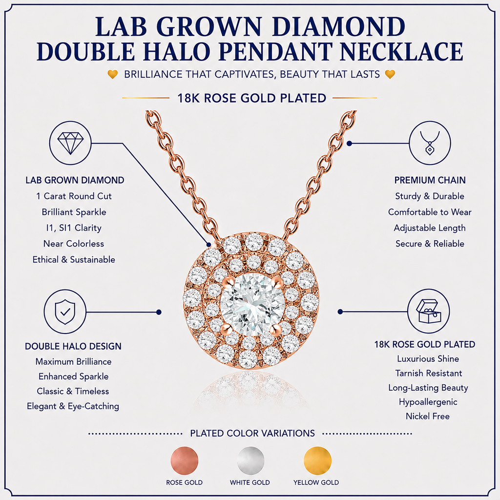 JeenMata Lab Grown Diamond 1 Carat Round Cut Double Halo Pendant Necklace in 18K Rose Gold Plating for Women