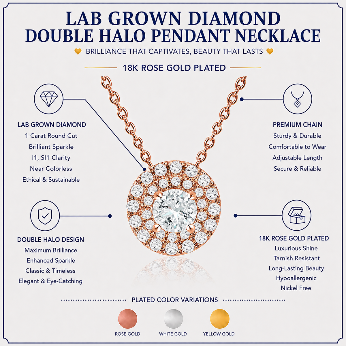 JeenMata Lab Grown Diamond 1 Carat Round Cut Double Halo Pendant Necklace in 18K Rose Gold Plating for Women