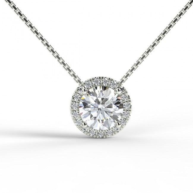 Solitaire 1 Carat Round Cut Real Moissanite Halo Pendant Necklace in 18k White Gold Over Silver