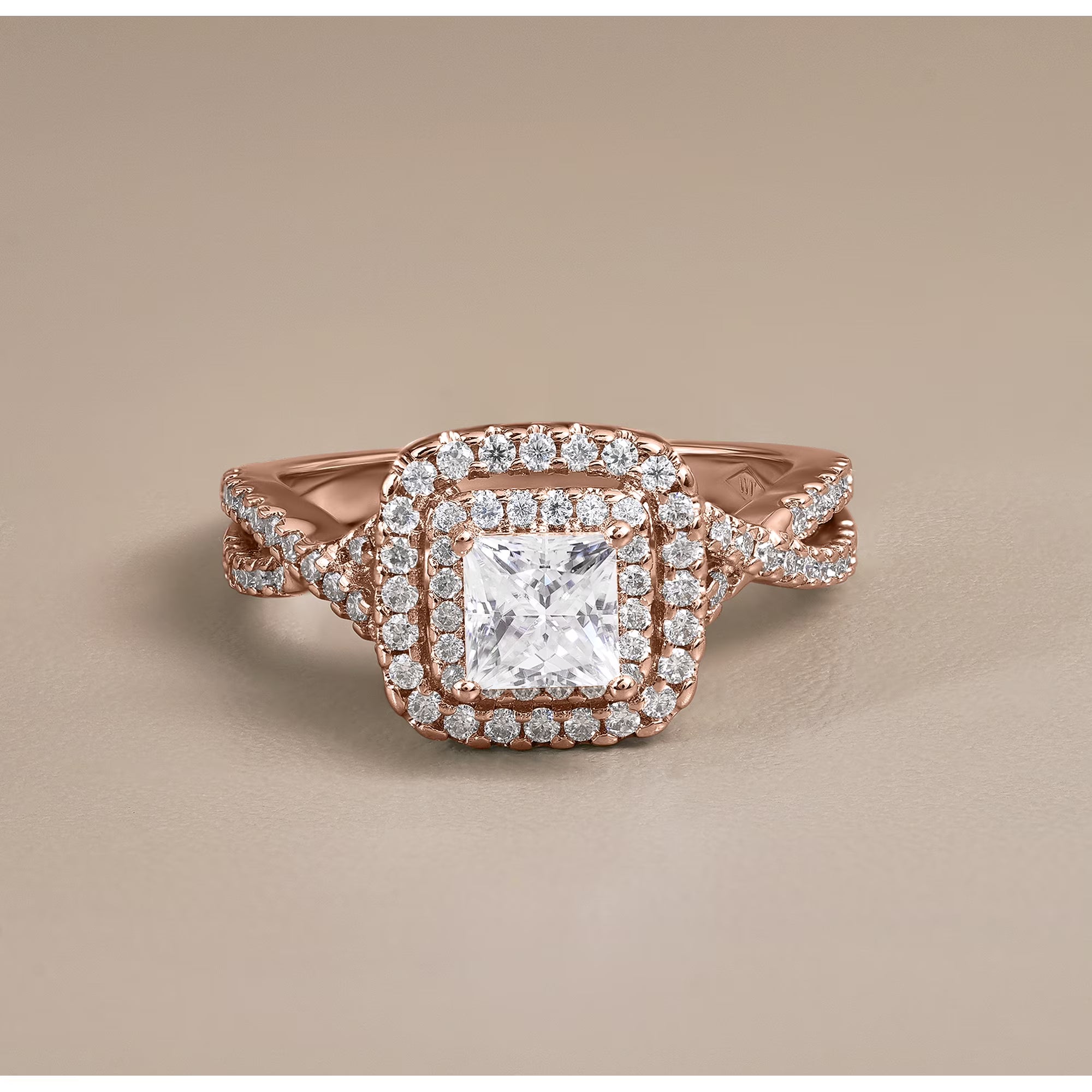 JeenMata 1 Carat Princess Cut Moissanite Engagement Ring - Bridal Set - Double Halo Ring - Cluster Ring - 18k Rose Gold Plated for Women