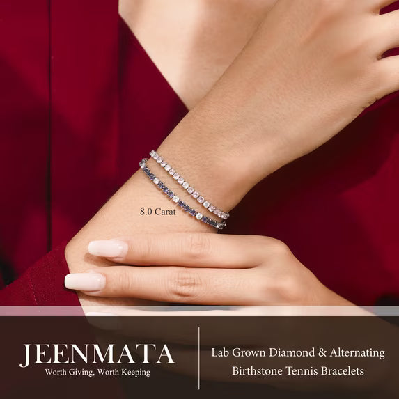 JeenMata 8 Carat Lab Grown Diamond & Garnet Alternating Birthstone Tennis Bracelets - 18K White Gold Plating for Women Eternity Design Bracelet
