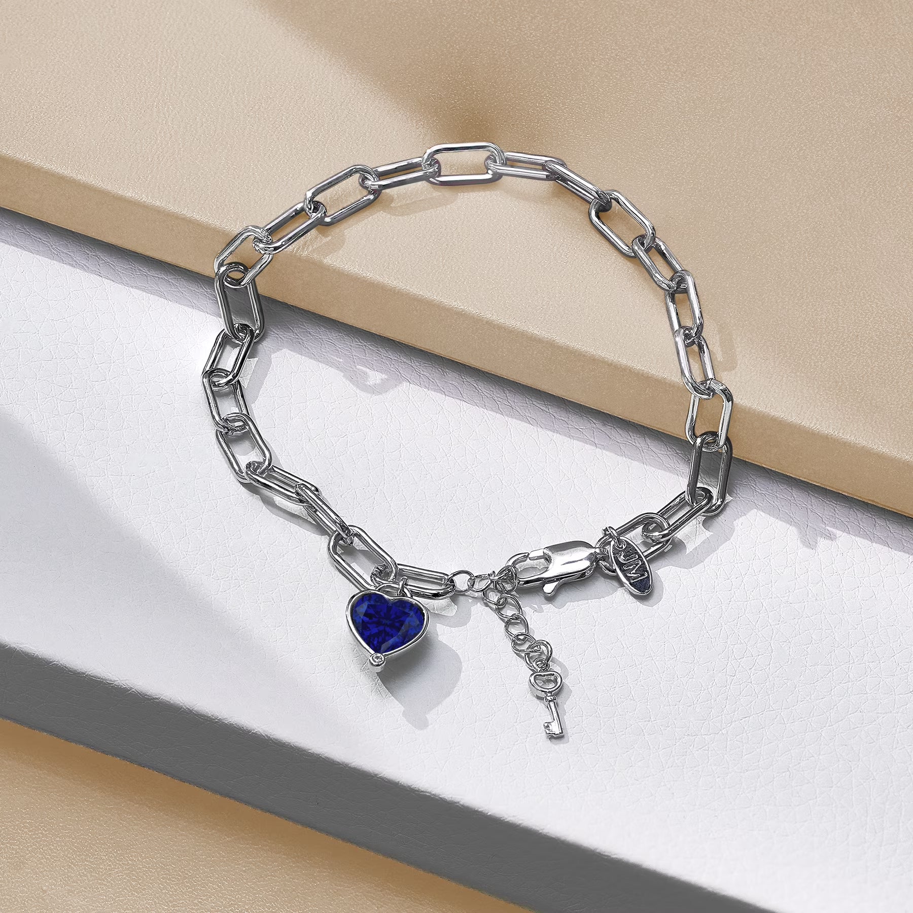 JeenMata 3 Carat September Heart & Key Charm Birthstone Bracelet - 18K White Gold Plating for Women