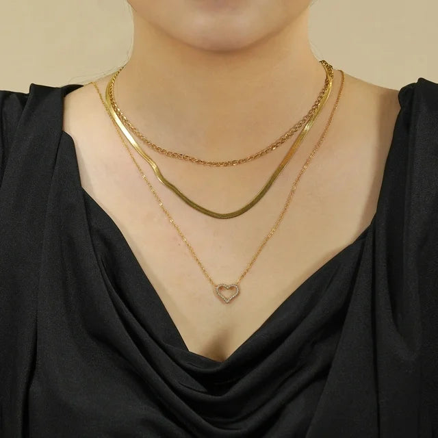 JEENMATA Multipack 3 pc Women Layered Necklace Pendant, Yellow Gold Plating, Gold Chain, Choker Necklace, Herringbone Layered Necklace Jewelry Gift