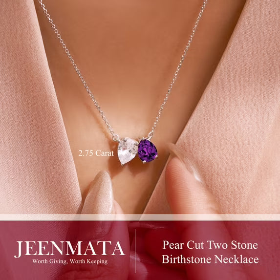 JeenMata 2.75 Carat February Birthstone Necklace - Pear Cut Two Stone Amethyst & Cubic Zirconia Necklaces in 18K White Gold Plating Gift for Women, Mother, Her