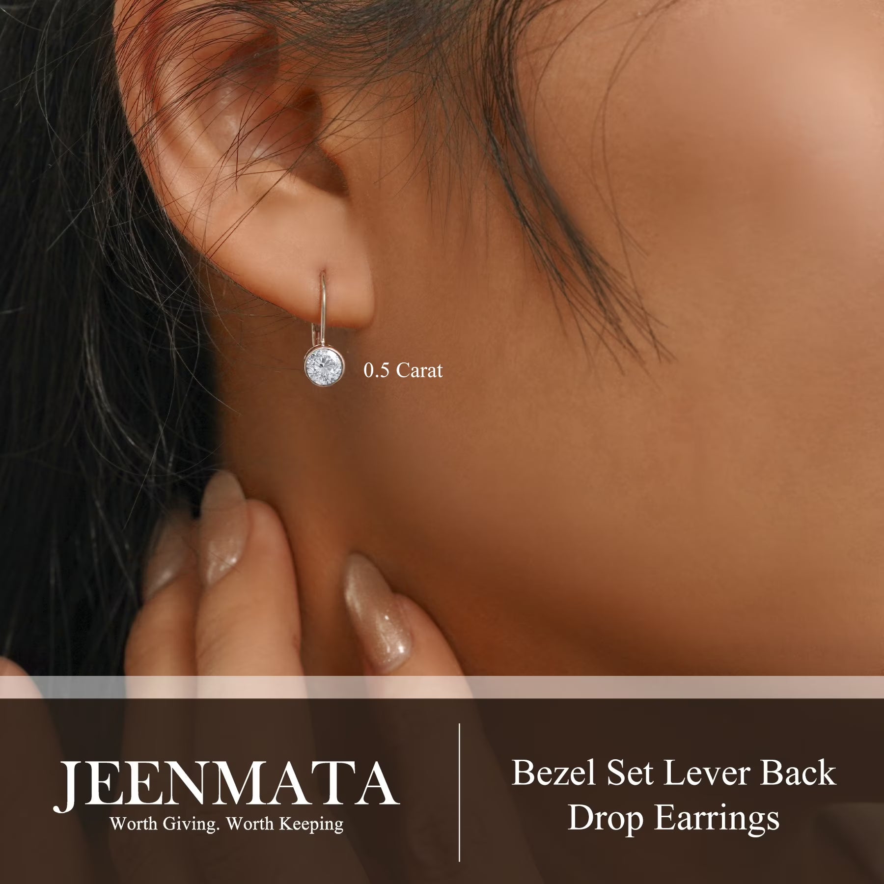 JeenMata 0.50 Carat Lab Grown Diamond Bezel Set Leverback Drop Earring - in 18K White Gold Plating Earrings for Women, Gift for Girlfriend, Mother, Her