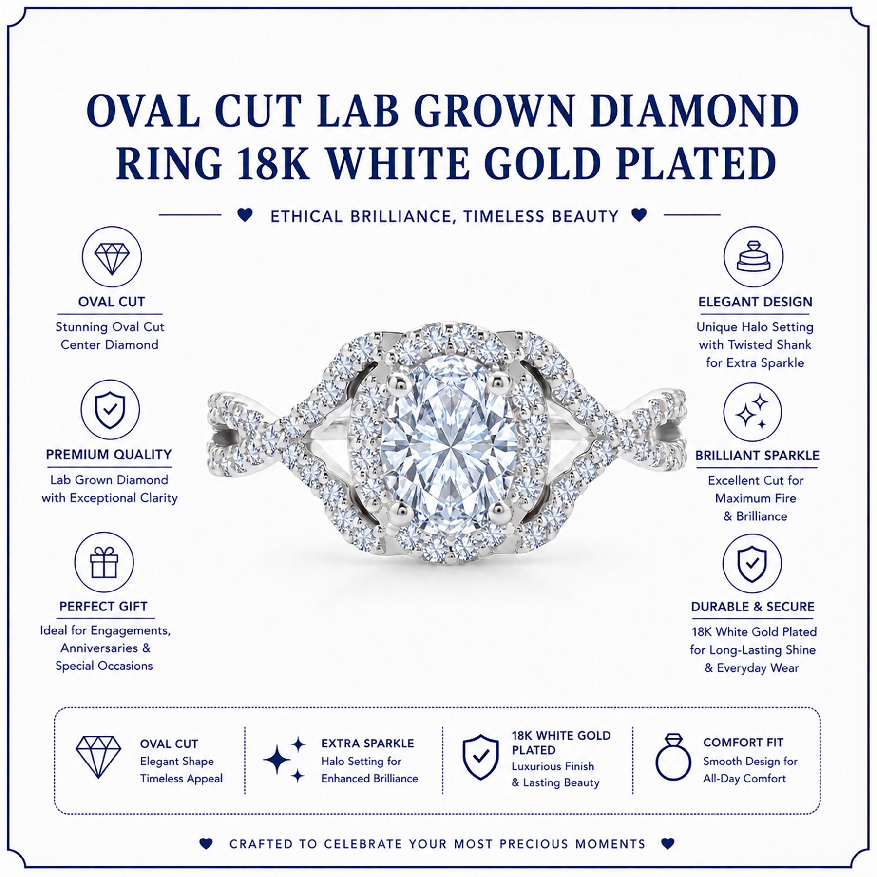 JeenMata 2 Carat Oval Cut Lab Grown Diamond - Engagement Ring with Infinity Band in 18K White Gold Plating for Woman