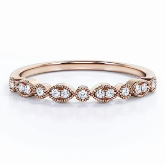 JeenMata Art-Deco 0.25 Carat Round Brilliant Cut April Birthstone Filigree Milgrain Wedding Band in 18K Rose Gold Plating for Women