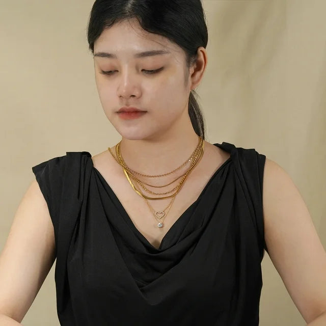 JEENMATA Multipack 6 pc Women Layered Necklace Pendant, Yellow Gold Plating, Gold Chain, Choker Necklace, Herringbone Layered Necklace Jewelry Gift