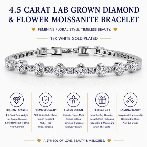 JeenMata 4.5 Carat Round Lab Grown Diamond & Flower Moissanite Bracelet - Feminine Floral Style in 18K White Gold Plating for Women