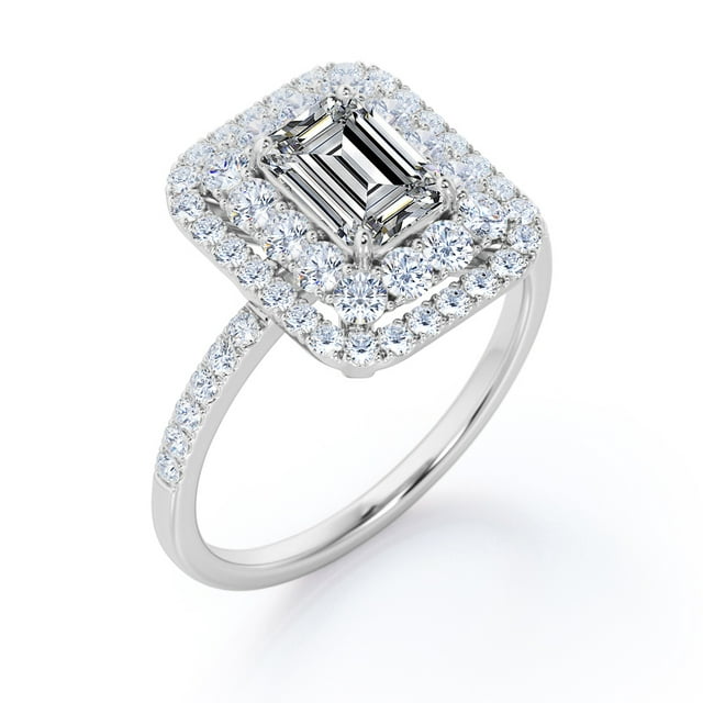 JeenMata 1.5 Carat Emerald Cut Moissanite Engagement Ring - Bridal Ring - Double Halo Ring - Cluster Ring