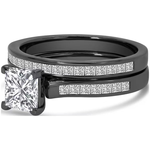 JeenMata 2 Carat Princess Cut Moissanite Wedding Set - Bridal Set - Channel Set Ring - Unique Ring - 18k Black Gold Over Silver