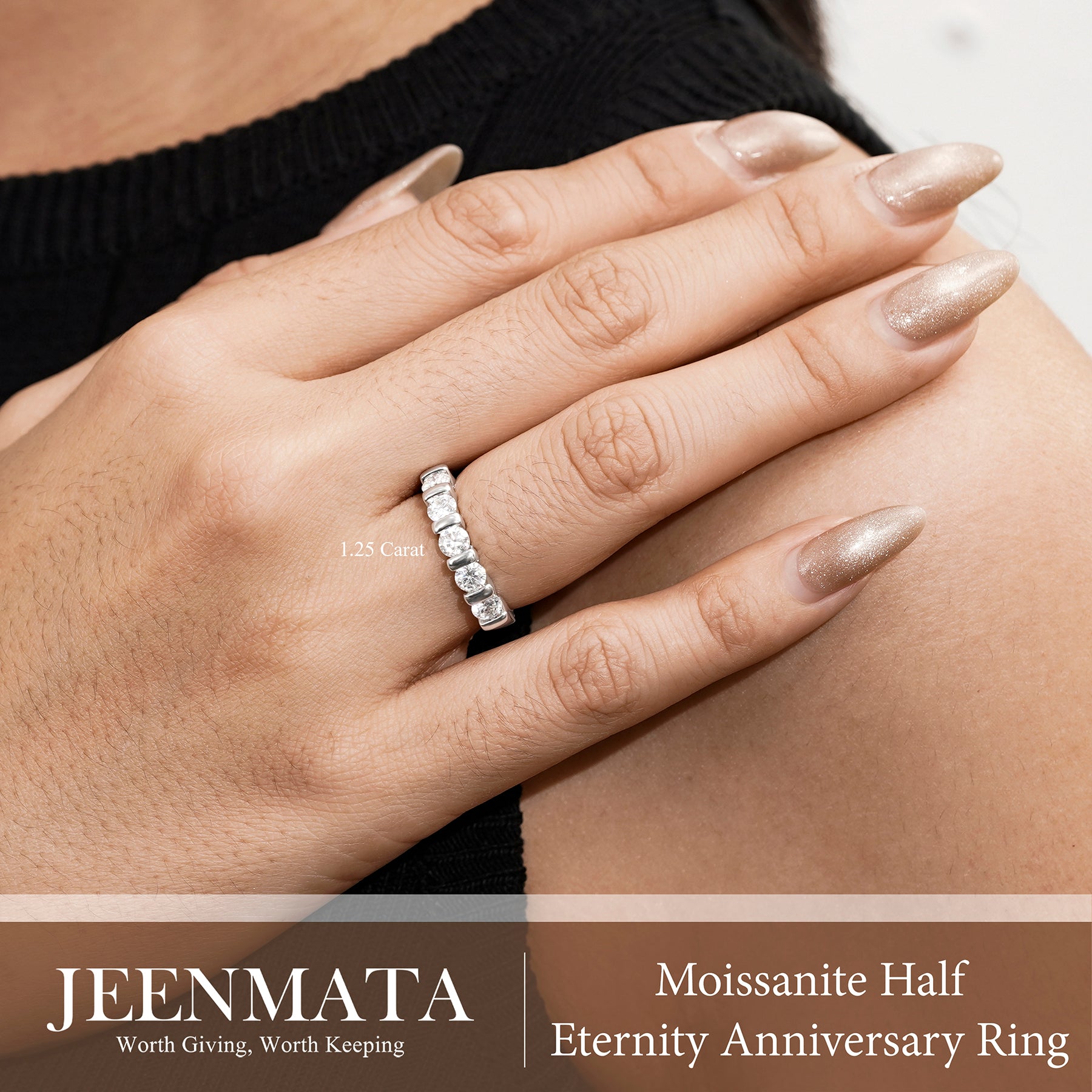 JeenMata 1.25 Carat Moissanite Half Eternity Anniversary Ring - Stackable Wedding Band Rings for Women in 18K White Gold Plating, Wedding Gift for Her