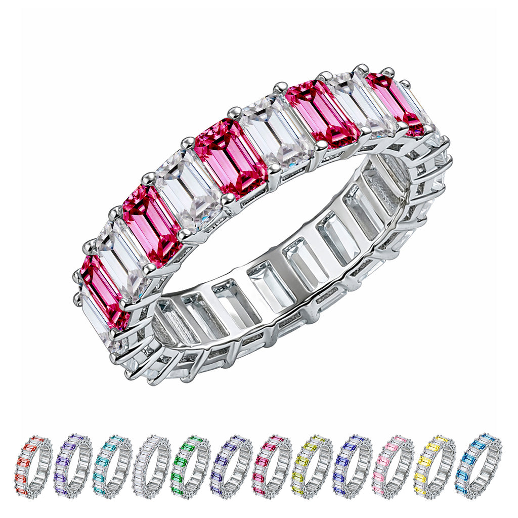 JeenMata 10 Carat Emerald Cut July Birthstone - Multicolor Eternity Wedding Band - Ruby & Cubic Zirconia Rings in 18K White Gold Plating for Women