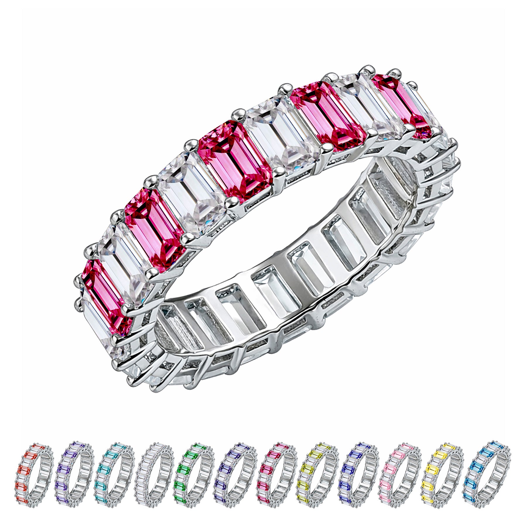 JeenMata 10 Carat Emerald Cut July Birthstone - Multicolor Eternity Wedding Band - Ruby & Cubic Zirconia Rings in 18K White Gold Plating for Women