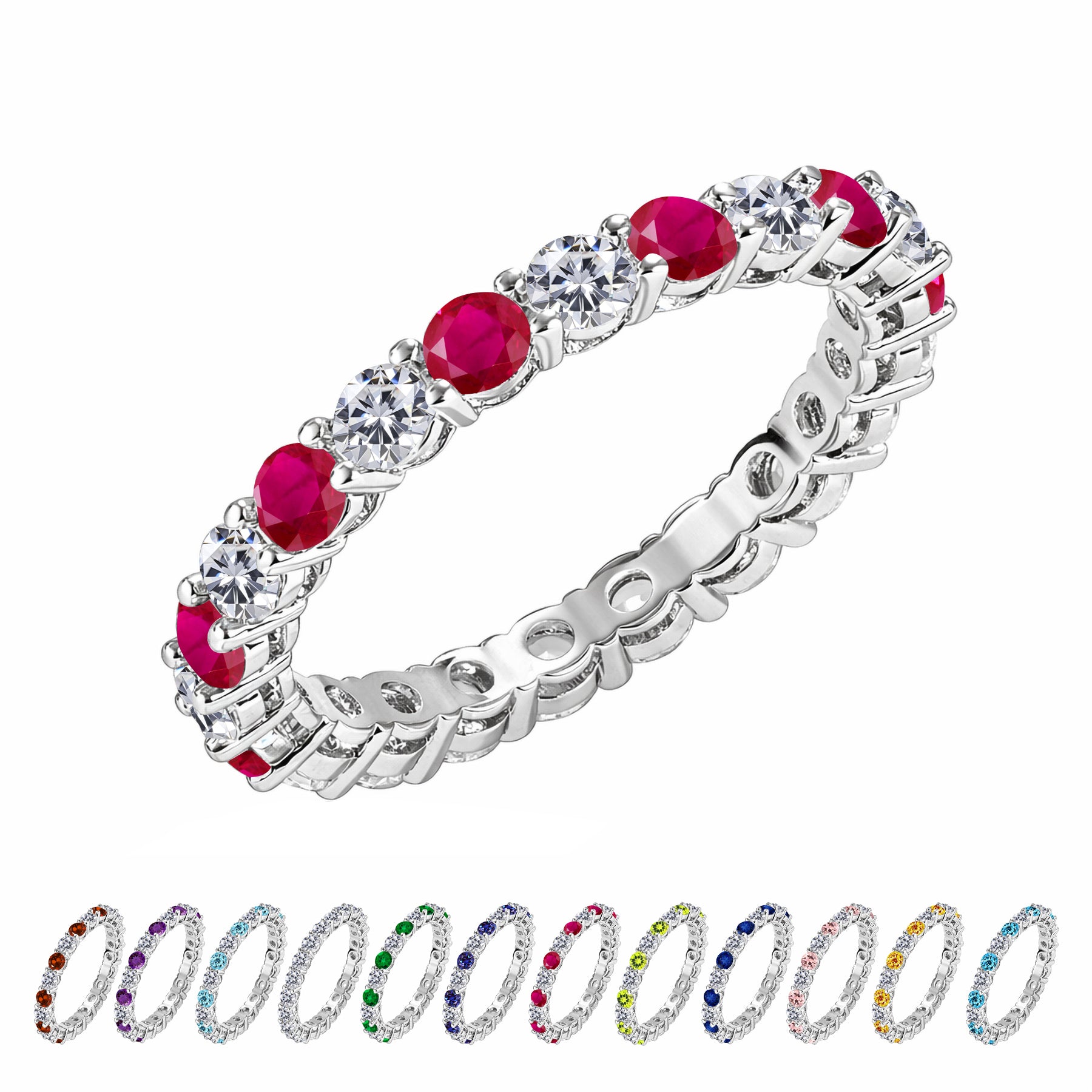 JeenMata 3.5 Carat Round Cut July Birthstone - Multicolor Eternity Wedding Band - Ruby & Cubic Zirconia Rings in 18K White Gold Plating for Women