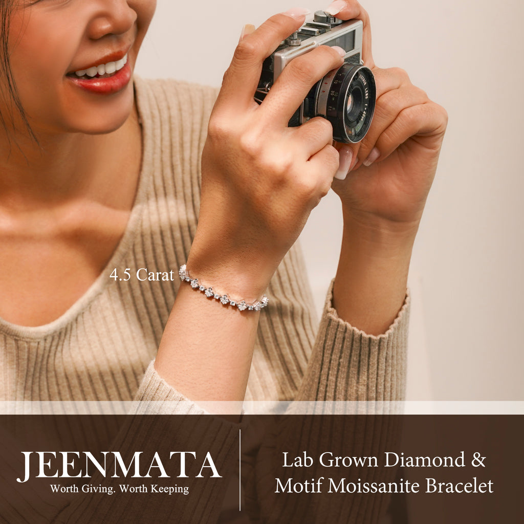 JeenMata 4.5 Carat Round Lab Grown Diamond & Motif Moissanite Bracelet – Elegant Floral Design in 18K White Gold Plating for Women
