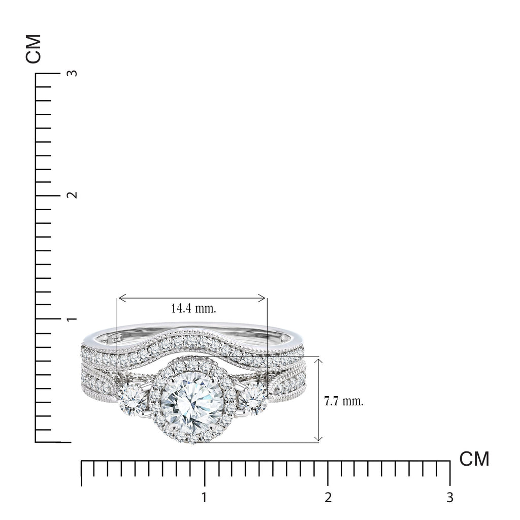 2 Carat Moissanite Wedding Ring Set - Round Cut Vintage Design Halo Bridal Set in 18K White Gold Over Silver