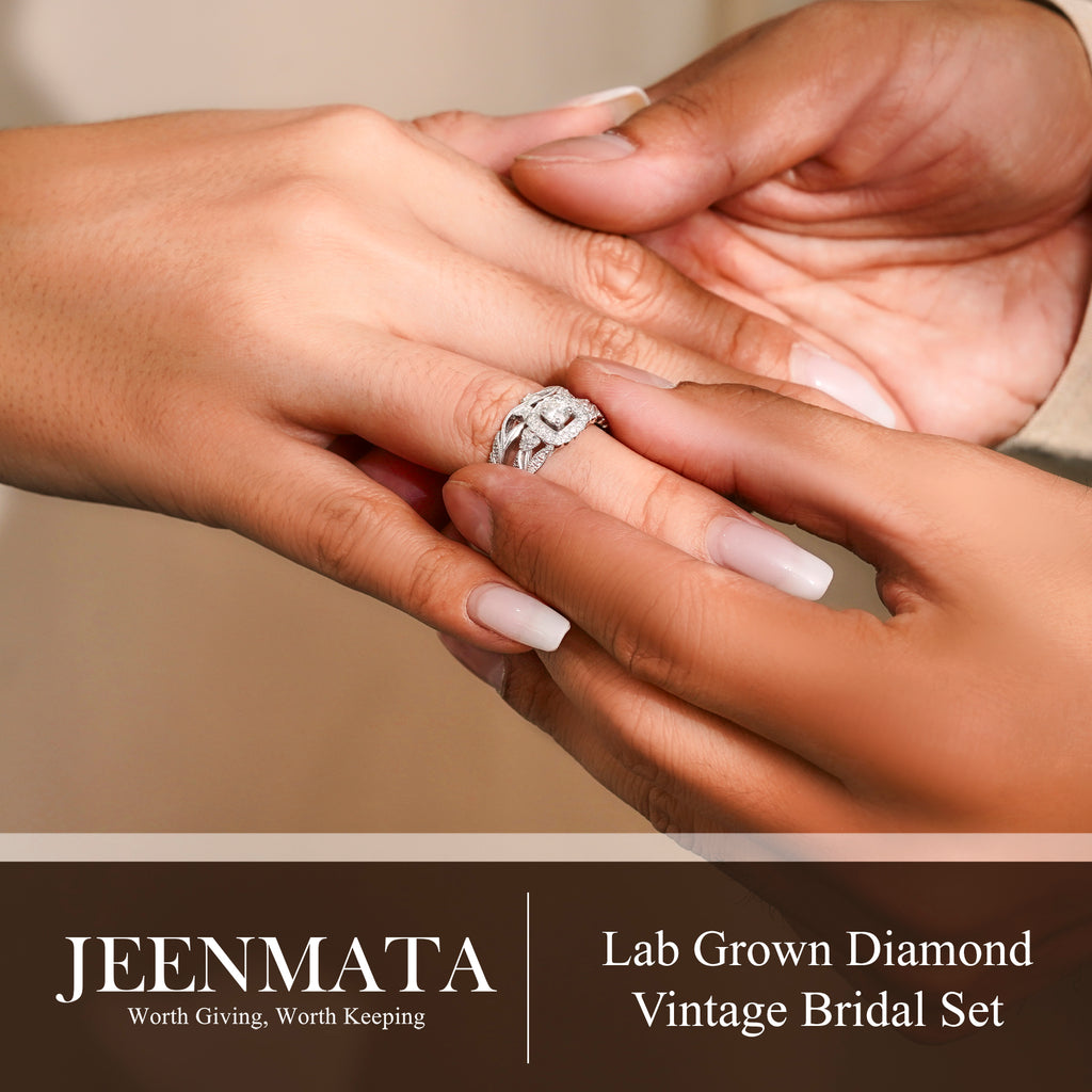 JeenMata Round Cut Lab Grown Diamond - Art Deco Style - Wedding Ring Set in 18K White Gold Plating for Women