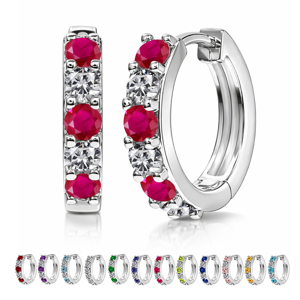 JeenMata 2 Carat July Birthstone - Ruby Red & Cubic Zirconia Hoop Earrings - Multicolor Birthstone Earrings in 18K White Gold Plating for Women