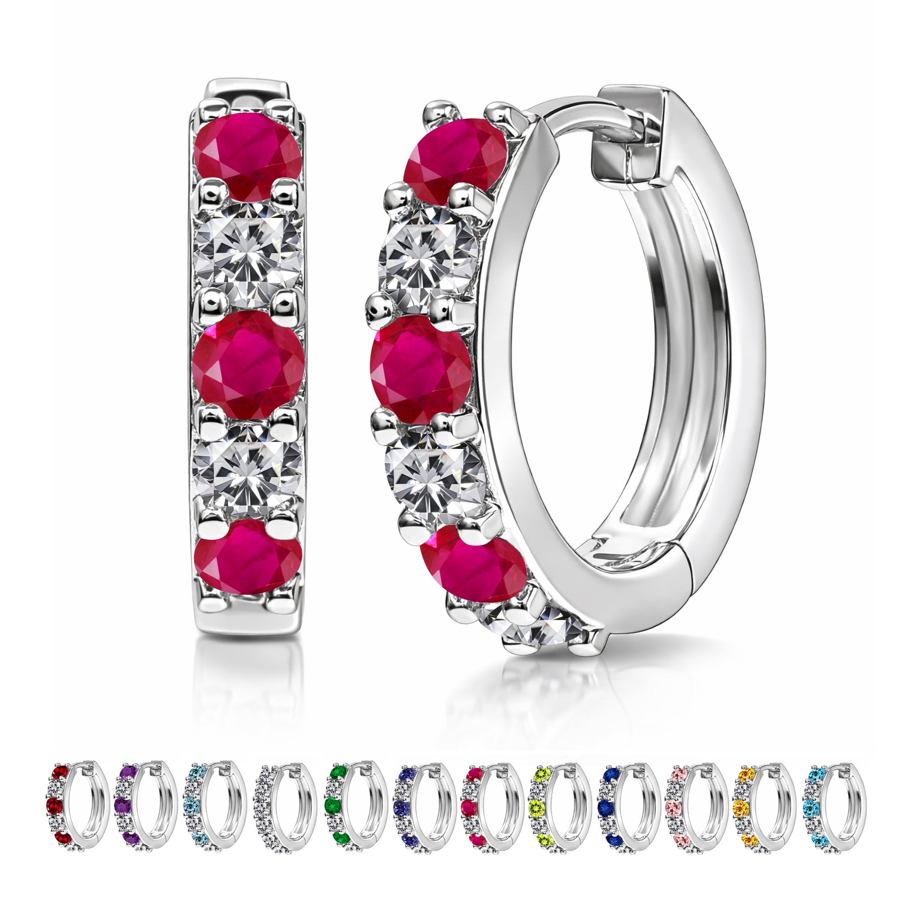 JeenMata 2 Carat July Birthstone - Ruby Red & Cubic Zirconia Hoop Earrings - Multicolor Birthstone Earrings in 18K White Gold Plating for Women