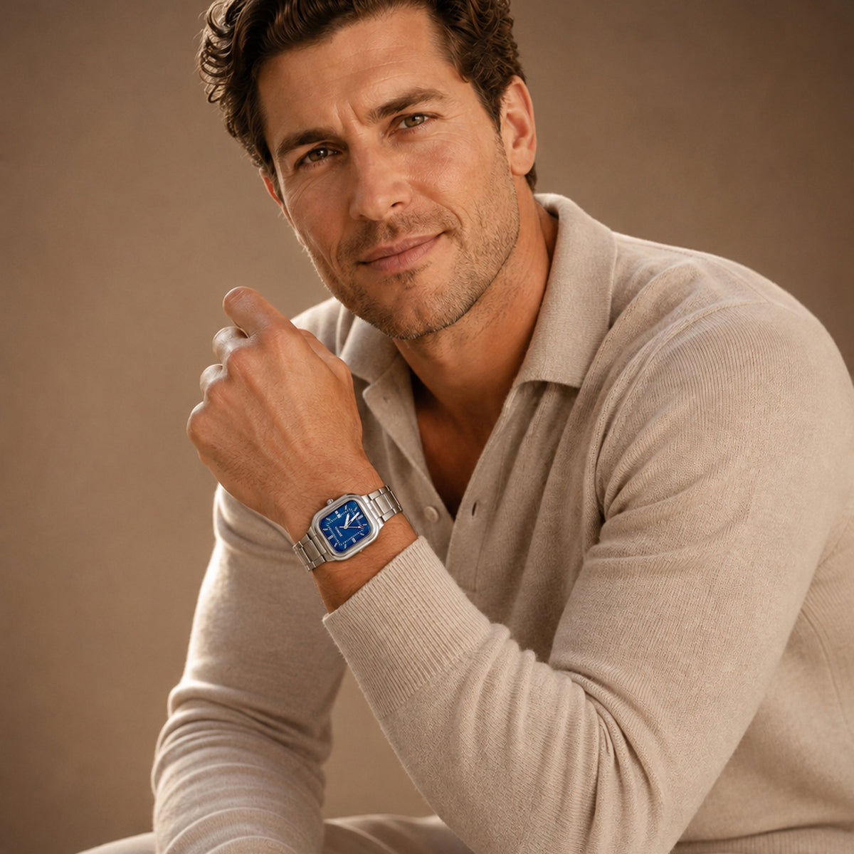 JeenMata Men’s Square Stainless Steel Watch, Water Resistant Blue Textured Dial with Date Window