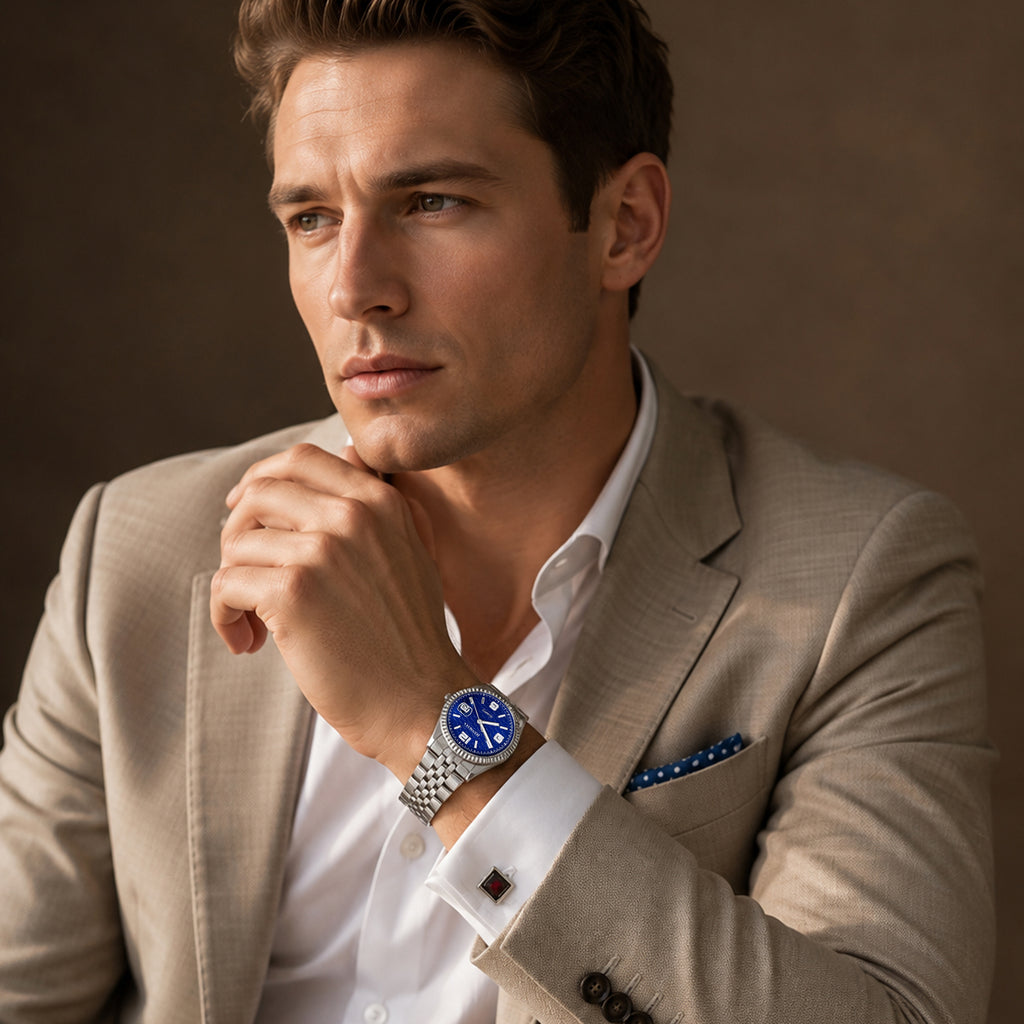 JeenMata Men’s Stainless Steel Fluted Bezel Watch, Water-Resistant Sunray Blue Dial with Date & Cyclops Lens