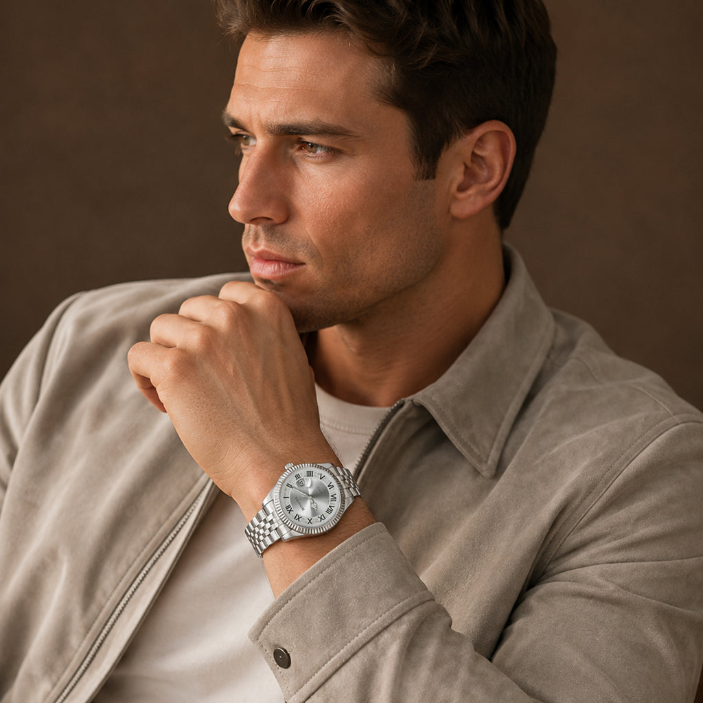 JeenMata Men’s Stainless Steel Watch, Water-Resistant White Dial with Roman Numeral Inner Bezel & Date