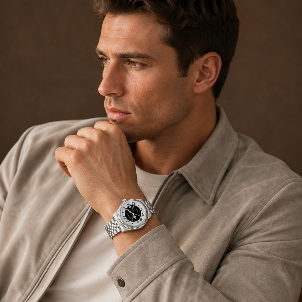 JeenMata Men’s Stainless Steel Watch, Water-Resistant Black Dial with Roman Numeral Inner Bezel & Date