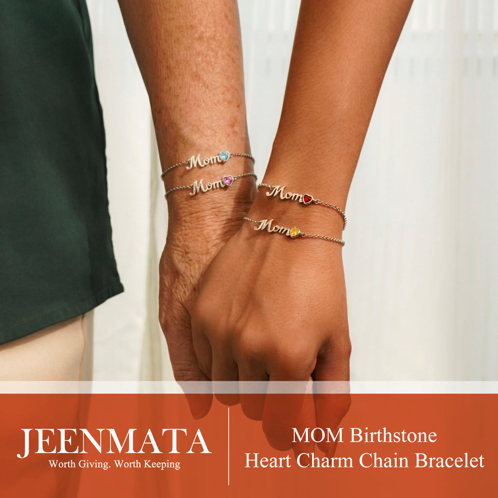 JeenMata MOM May Emerald Birthstone - Heart Charm Chain Bracelet in 18K White Gold Plating for Women, Mother’s Day Gift