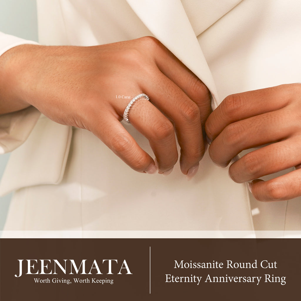 JeenMata 1 Carat Moissanite Round Cut Eternity Anniversary Ring - Classic Eternity Stackable Wedding Rings in 18K White Gold Plating for Women